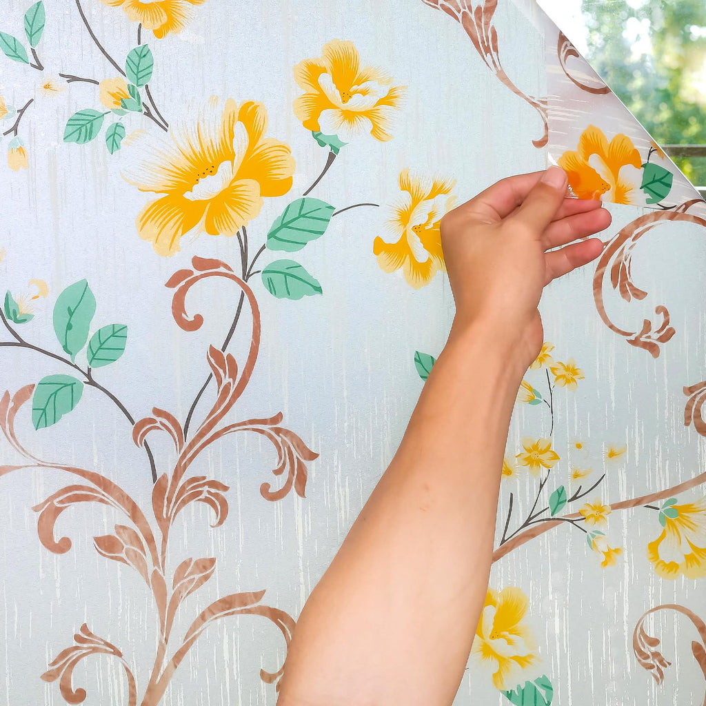 Volcanics Stained Glass Window Film, Frosted Glass Window Privacy Film, Decorative Window Clings, Floral Design Static Cling Sun Blocking Tint for Bathroom, 17.5 x 78.7 Inch