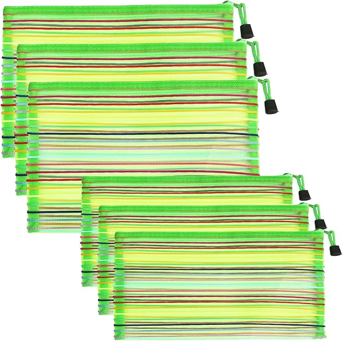 CarryEpic Mesh Bags with Zipper (6 Pack), Nylon Makeup Bag Cosmetic Pouches Travel Organizer Case for Purse Diaper Bag Home Organizing Striped Multi Size Green