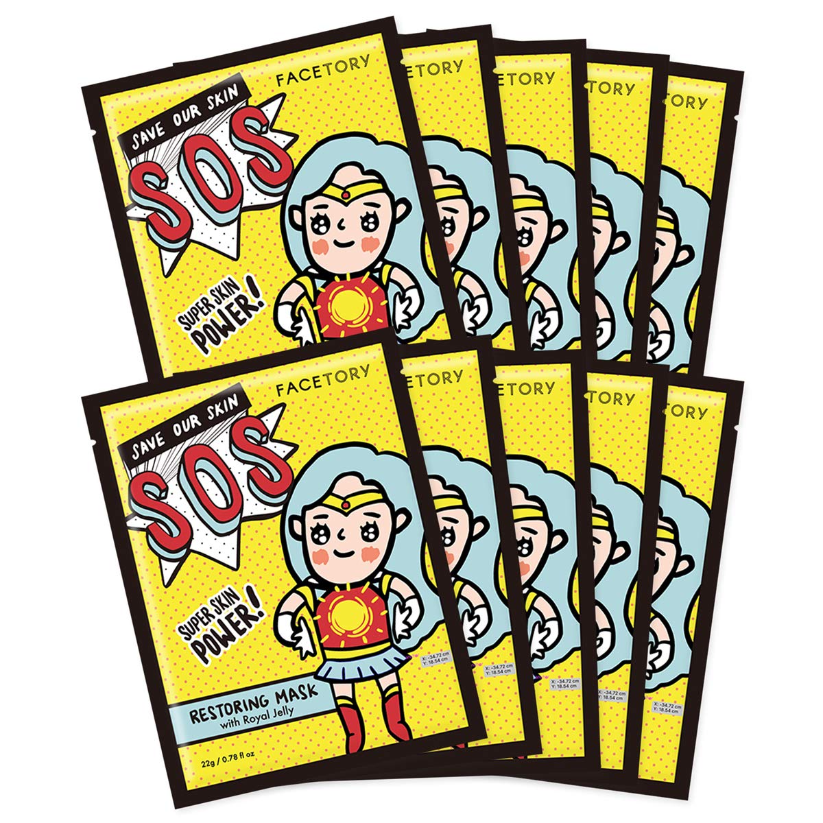 FACETORY K Beauty Face Mask Skin Care - SOS SAVE OUR SKIN RESTORING Sheet Mask with Royal Jelly & Aloe | De-Stress, Dewy Skin (10 Pack)