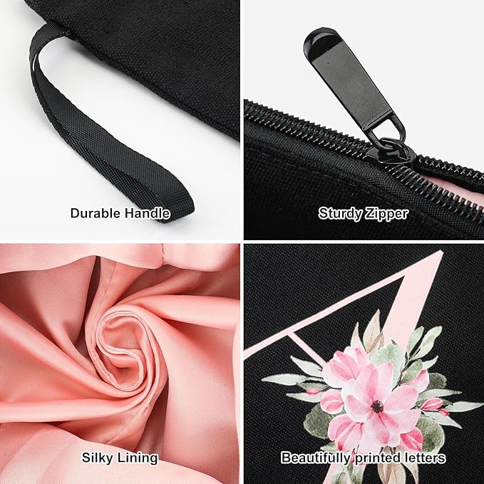 Vavabox A-Z Personalized Makeup Bag, Birthday Gifts for Women Mom, Gifts for Best Friend, Bride Bridesmaid Cosmetic bag (L, 04-Black Set)