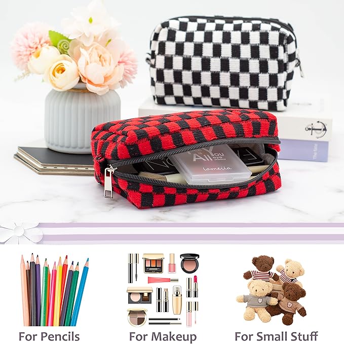 Checkered Makeup Bag for Purse, Small Travel Cosmetic Pouch,Red Black