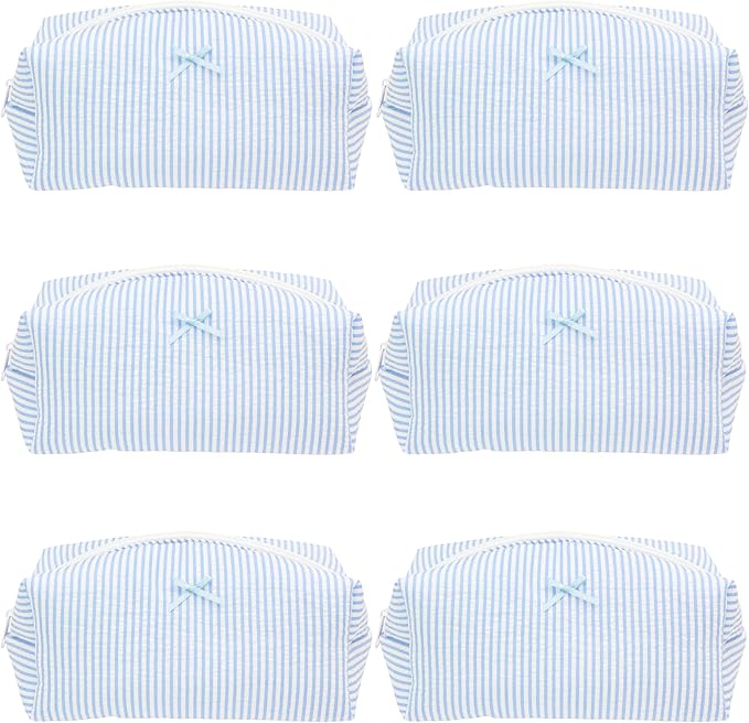 PAZIMIIK Cozy Makeup Bag for Women,Zipper Cosmetic Pouch,Stripe Blue,6 Pack
