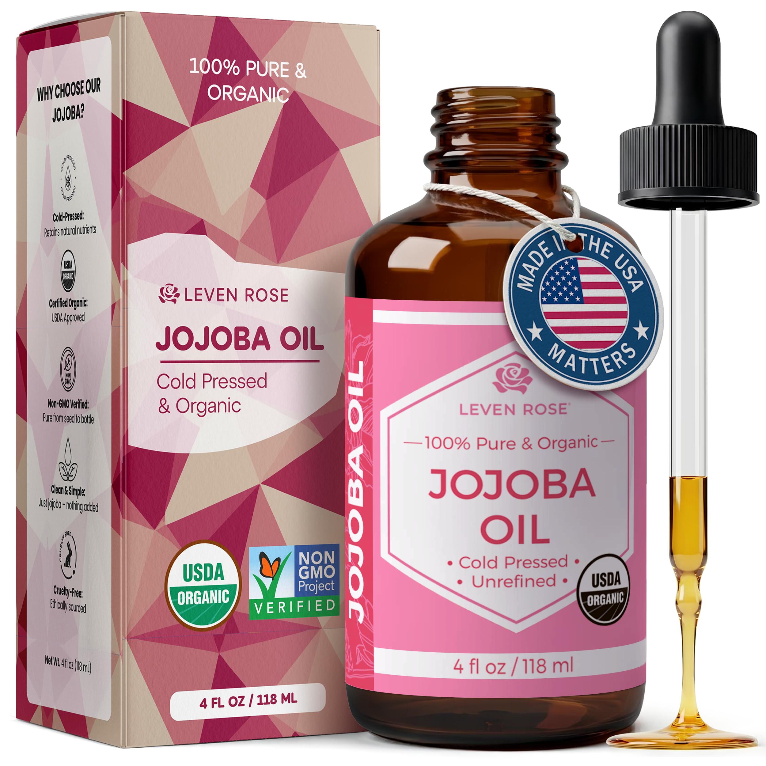 Leven Rose Jojoba Oil Organic Cold Pressed for Skin, Hair & Nails, 4 oz