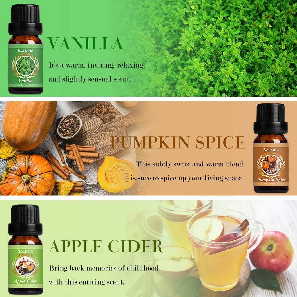 SALKING Autumn Fragrance Oils, Premium Fall Essential Oils for Diffuser, Scented Oils Gift Set for Soap Candle Making Scents - Cinnamon, Pumpkin Spice, Apple Cider, Vanilla, Forest Pine, Snickerdoodle