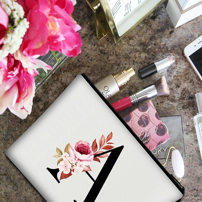 Vavabox A-Z Personalized Makeup Bag, Birthday Gifts for Women Mom, Gifts for Best Friend, Bride Bridesmaid Cosmetic bag (A, 01-White)