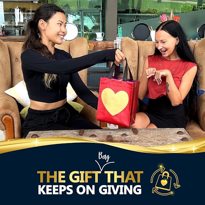 Nush Nush Medium Red Gift Bags with Gold Heart, 8 x 4 x 10, Set of 12