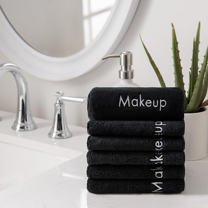 Arkwright Makeup Remover Cloths 6 Pack - Microfiber Coral Fleece Face Towels, Ultra Soft Reusable Washcloths, Gentle Facial Cleansing for Waterproof Makeup, 13 x 13, Black