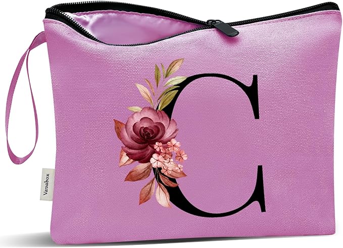 Vavabox A-Z Personalized Makeup Bag, Birthday Gifts for Women Mom, Gifts for Best Friend, Bride Bridesmaid Cosmetic bag (C, 07-Purple)