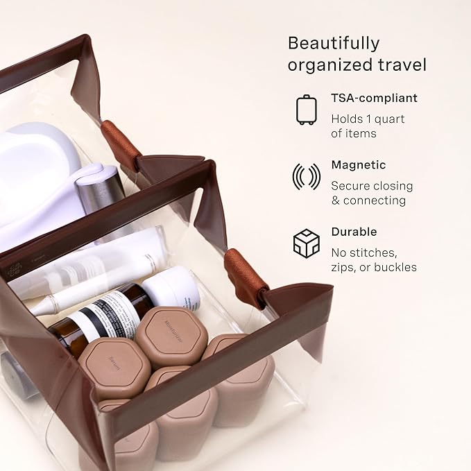 Cadence Parcel - Clear Travel Kit with Zipperless Magnetic Closure - Chestnut, Medium - Durable, Leak-Resistant and TSA Approved Toiletry Bag - Modular Organization - Recycled TPU (1 Qt)