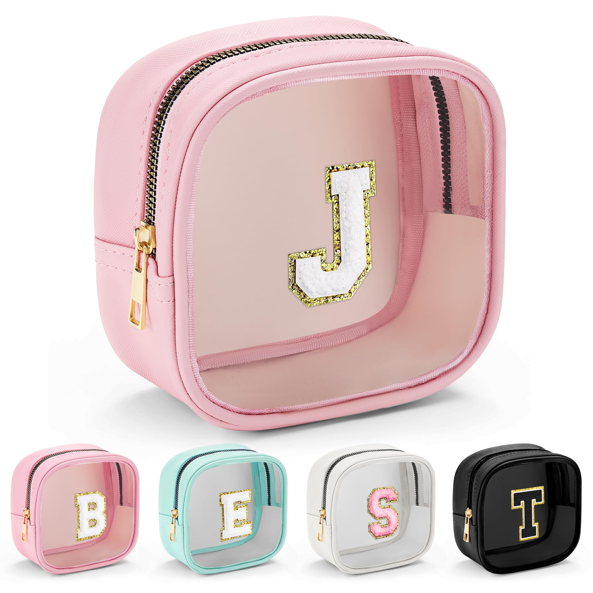 YOOLIFE Mini Initial Makeup Bag | Clear Makeup Bag | Preppy Cosmetic Bags Travel Essentials Gifts for Women Teen Girlfriend Teacher Birthday Clear Toiletry Bag Small Cosmetic Bag for Purse Pink J