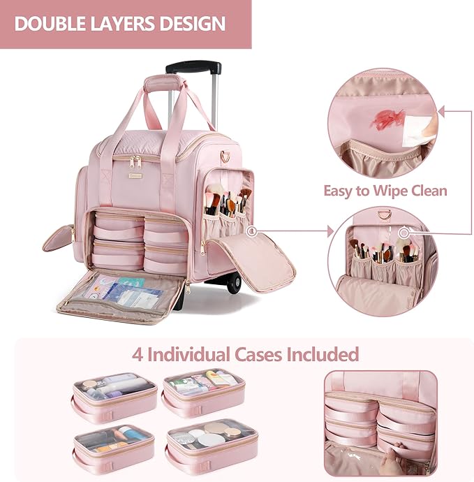 Prokva Rolling Makeup Case, Professional Makeup Train Case with Wheels