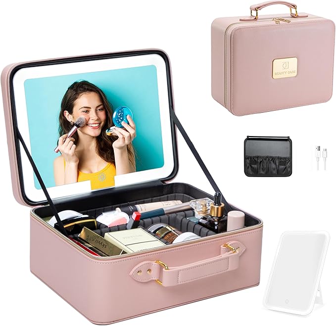 ZhenGuiRu Leather Makeup Bag with Lighted Mirror, 11.5'' Travel Makeup Organizer Bag with Adjustable 3 Colors Light and Dividers, Cosmetic Organizer Artist Storage Bag Pink