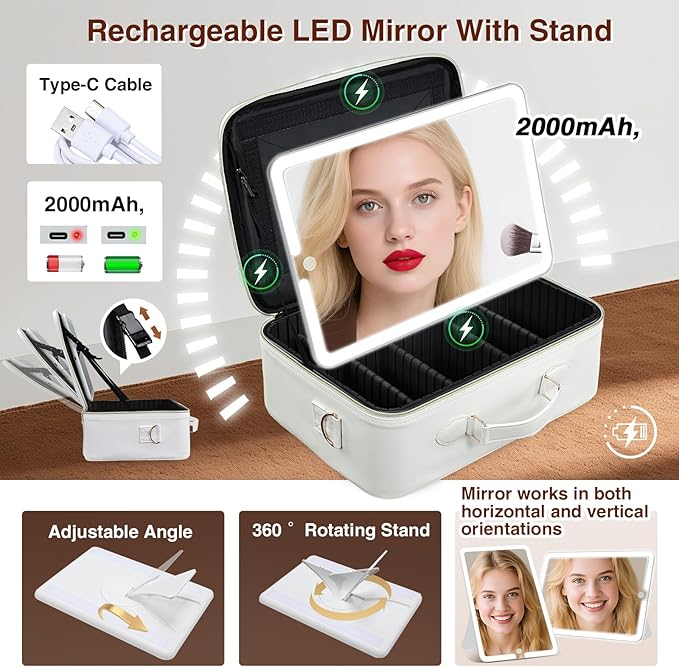 Faquenc Large Makeup Bag with LED Mirror,15”Cosmetic Train Case for Makeup Artists,Travel Makeup Organizer Case w Divider Rechargeable Vanity Mirror with 3 Color Lights for Barber,MUA,Nail Tech, Beige