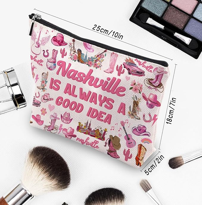 CEASQVAA Nashville Travel Gifts Makeup Bag, Nashville Lover Accessories Souvenirs, Country Music Gifts for Traveller Women Friends, Birthday Bachelorette Party Favors Women Trip Cosmetic Bag Pouch