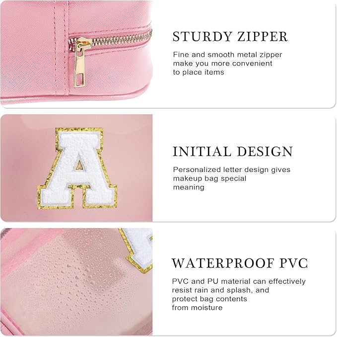 YOOLIFE Birthday Gift for Kid Girl Women Initial Travel Makeup Bags Pink A