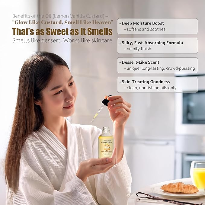 Soothing House Lemon Vanilla Custard Oil with All-Natural Moisturizing Body Oil for Soft, Glowing Skin with Almond & Jojoba Oil (4 fl oz)
