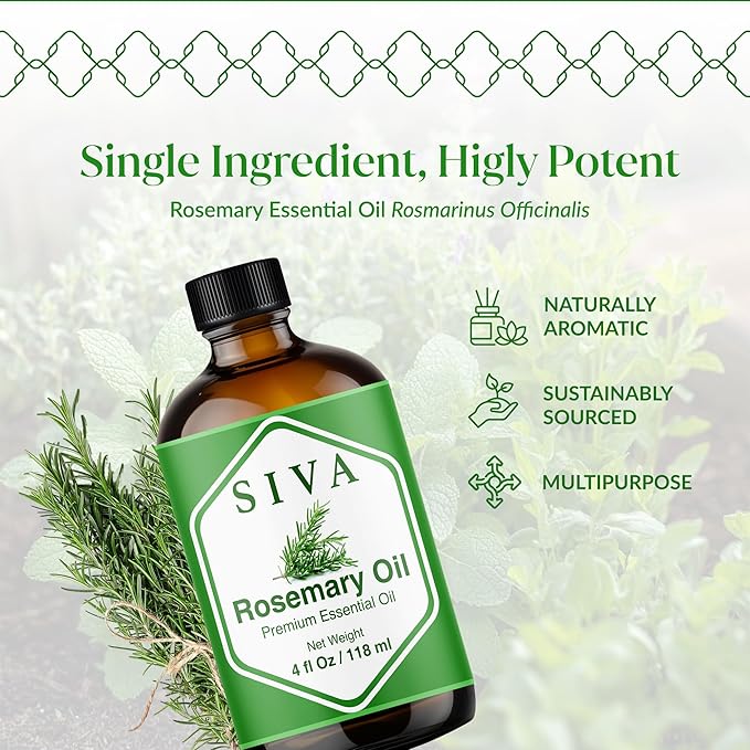 Siva Rosemary Essential Oil 4 Fl Oz – for Diffuser, Skin & Hair Care – Ideal for Massage & DIY Blends- with Dropper