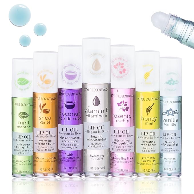 7pc Rollerball Lip Oil Set - Hydrating Roll-On Lip Oils Glossy & Bright