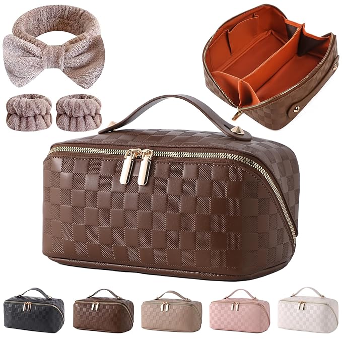 Cuteseason PU Leather Makeup Bag for Women, Structured Makeup Case with Wide Opening, Travel Cosmetic Bag with Compartments and Handle, Water-Resistant Makeup Organizer(Brown Checkered Grain)
