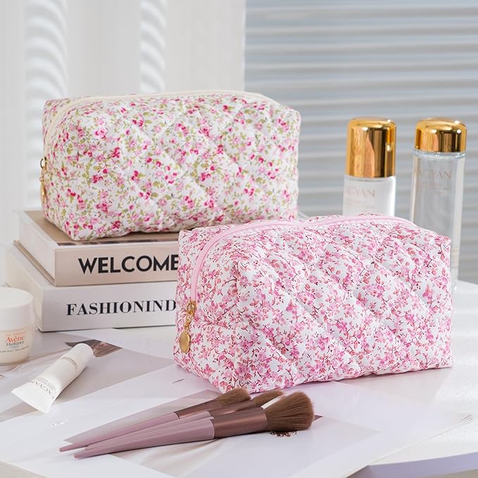 UUYUUY Makeup Bag Travel Toiletry Bag for Women, Small Cosmetic Bags Cute Quilted Cotton Makeup Pouch for Purse Emergency Bag Pencil Case Accessory Bag, Baby Pink
