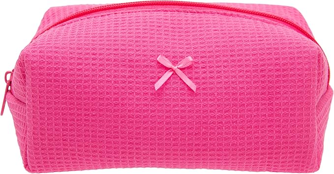 PAZIMIIK Cozy Makeup Bag for Women,Zipper Cosmetic Pouch,Waffle Hotpink