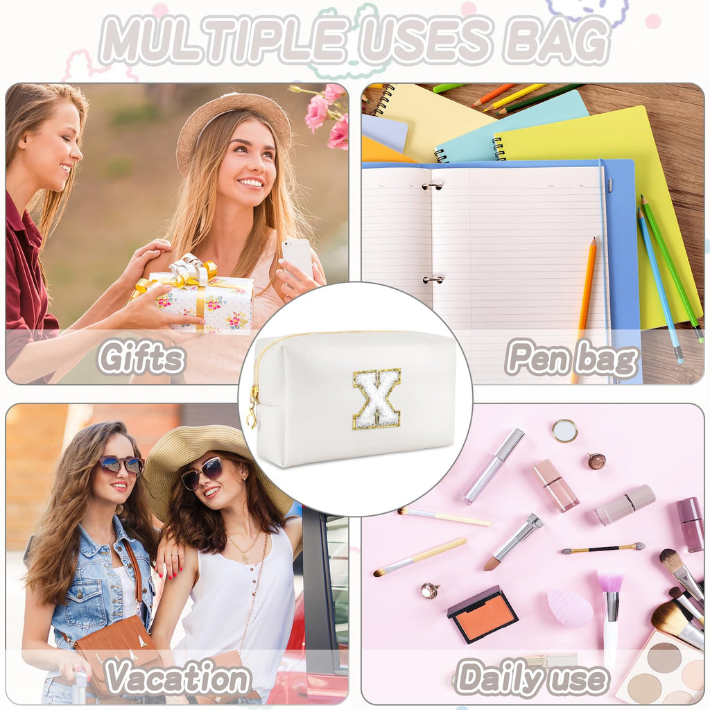 URSKYTOUS Gifts for Girls Initial Makeup Bag Personalized Cosmetic Bag with Zipper Cute Travel Toiletry Bags Waterproof PU Preppy Makeup Pouch Birthday Gift for Teen Girls Women(White X)