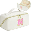 for Valentines Day Gifts, Makeup Bag for Women, PU Leather Travel Toiletry Bags, Initial Make Up Cosmetic Pouch for Teen Girls, Wide Open Portable Skincare Bag, Personalized Birthday Gifts, White N