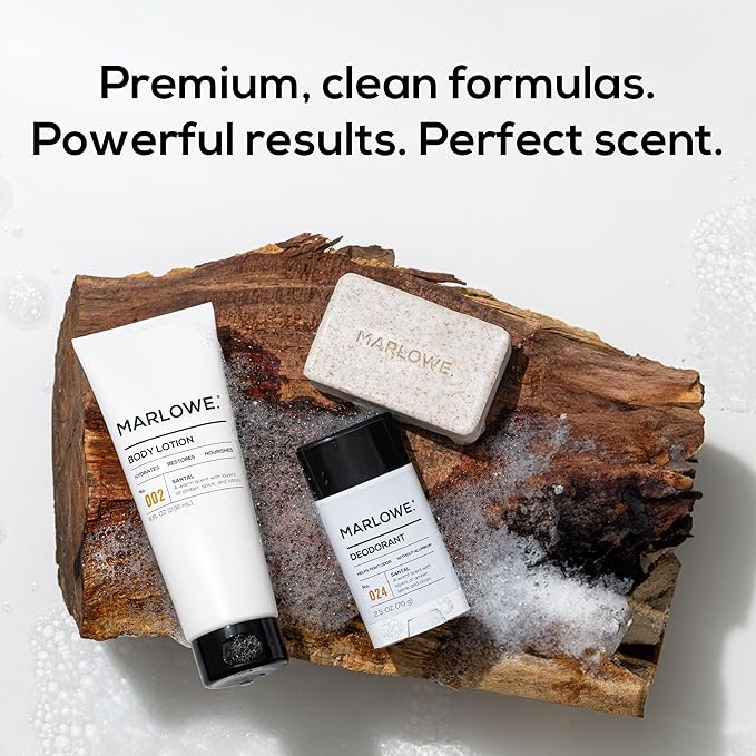 MARLOWE. Men's Santal Body Gift Set, Scrub Soap, Deodorant + Lotion