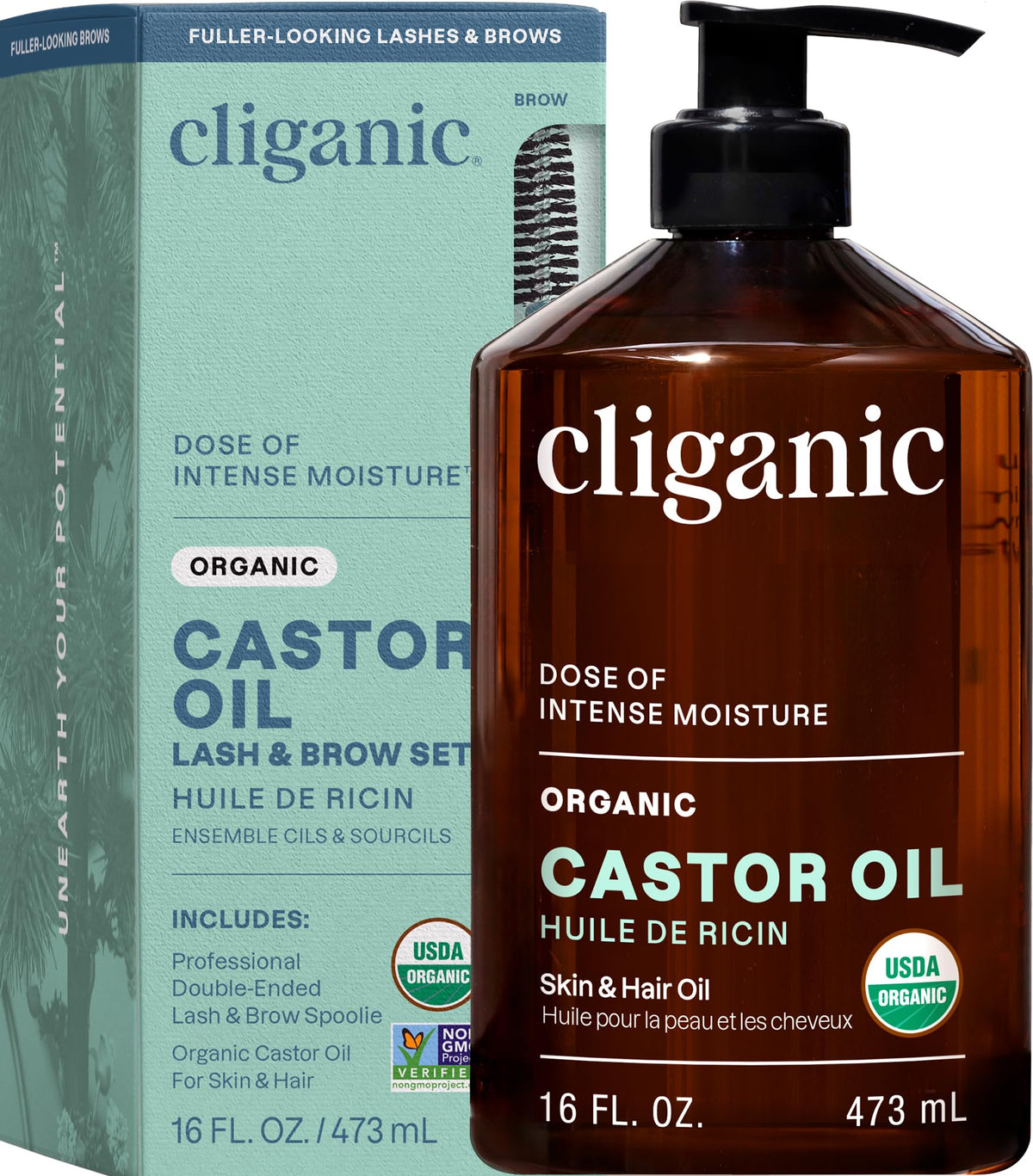 Cliganic Castor Oil Organic Cold Pressed for Eyelashes, Eyebrows, Skin 32oz