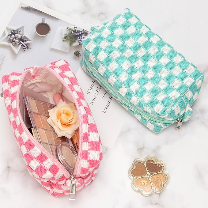 PAZIMIIK Checkered Makeup Bag for Purse, Small Travel Cosmetic Pouch,Pink