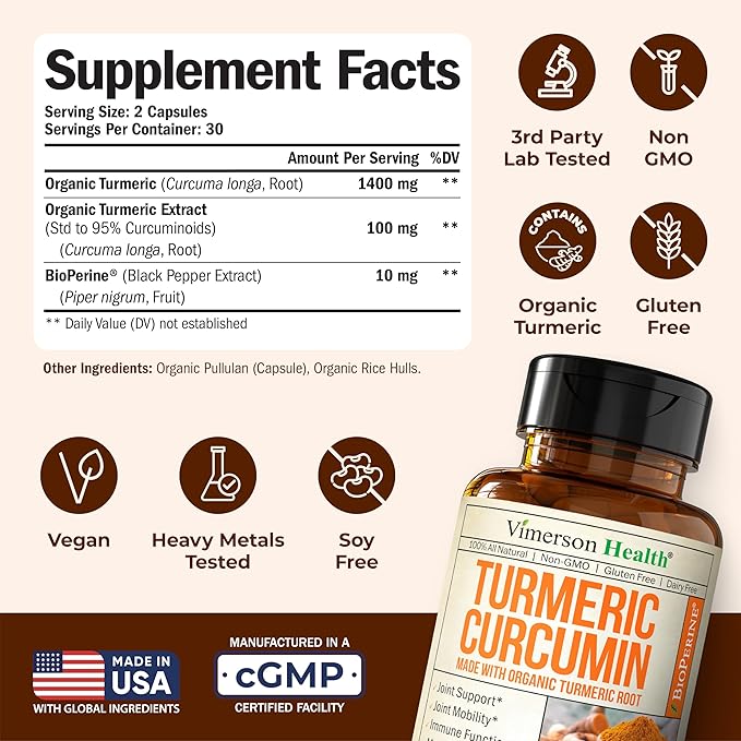 Turmeric Curcumin Supplement – 1400mg Organic Turmeric Curcumin with Black Pepper Extract for Max Absorption – Digestive & Joint Supplements for Men & Women w. Tumeric Extract & Bioperine – 60 Caps
