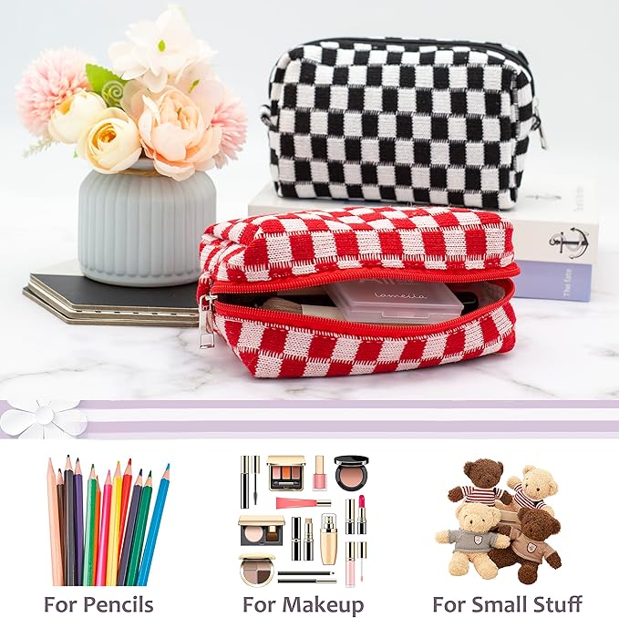 PAZIMIIK Checkered Makeup Bag for Purse, Small Travel Cosmetic Pouch,Red