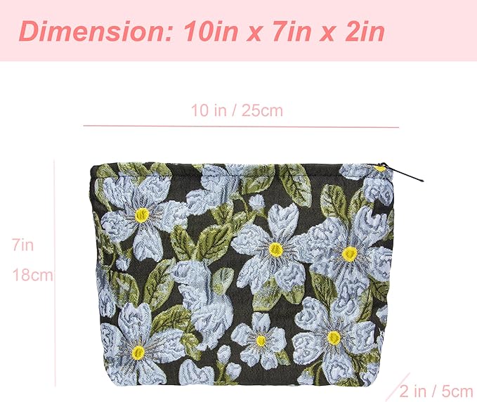 Flat Makeup Bag for Women,Zipper Cosmetic Pouch Purse,Brocade Flower Black
