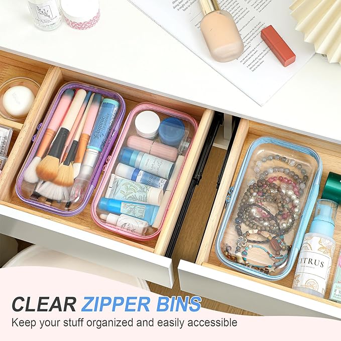 Hoolerry 3 Pcs Clear Hard Zipper Case Hard Plastic Zipper Pouch Makeup Bag Portable Travel Organizer for Cosmetics, Office Supplies, Documents & Toiletries(Multicolor,S)