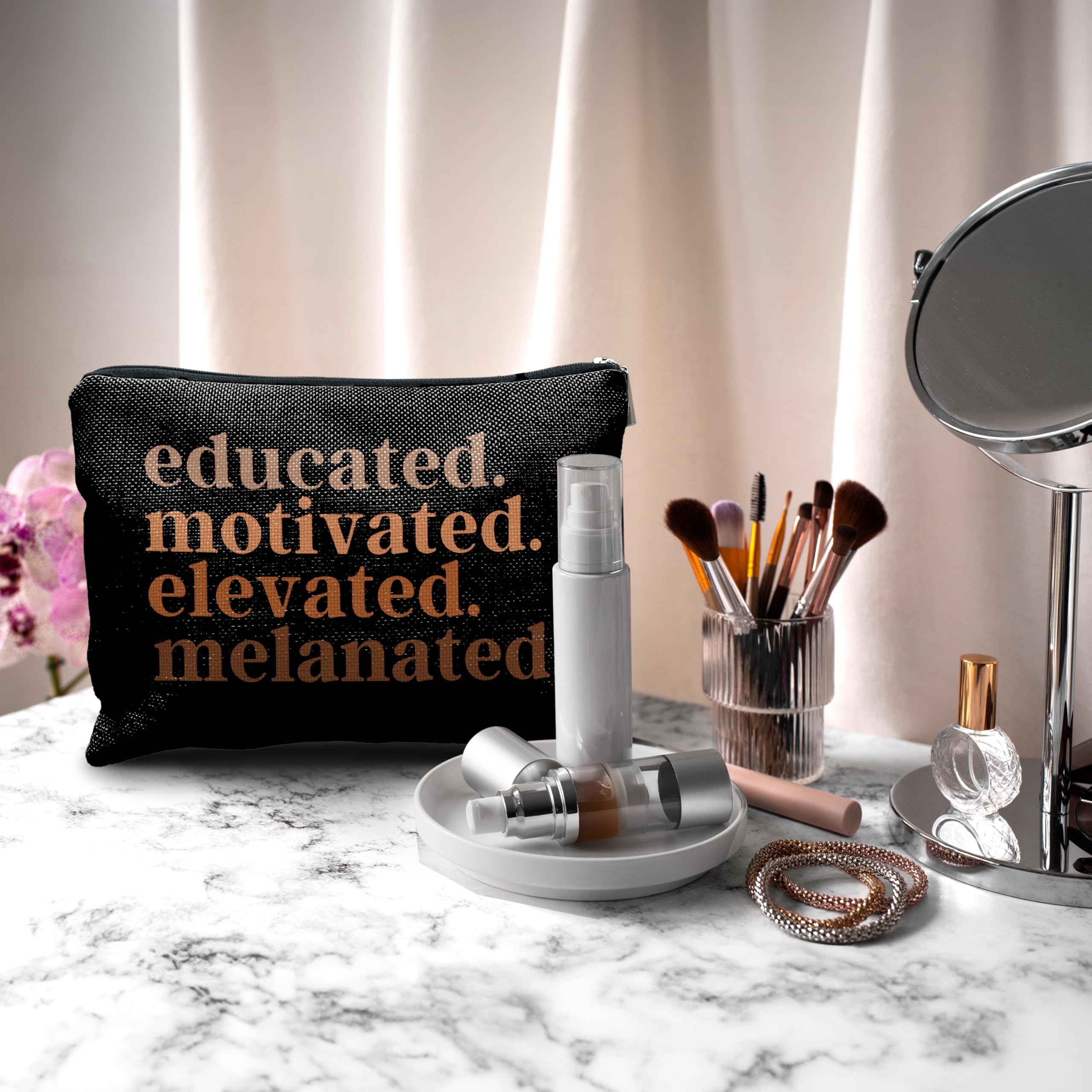 Nogrit African American Gifts,Black Women Gifts,Educated Motivated Elevated Melanated,Black Women Makeup Bag Cosmetic Bag, Melanin Makeup Travel Toiletry Bag,gifts for African American women/black