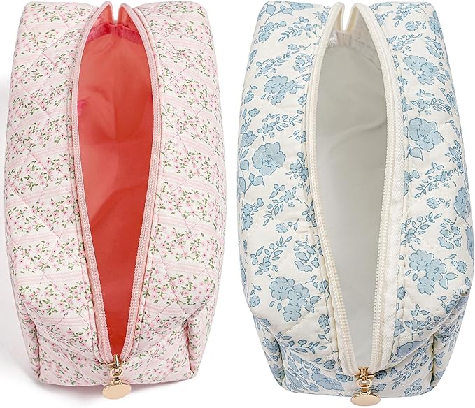 HHQQWZ Makeup Travel Cosmetic Bag, Two Pack: Pink+Blue Floral, Zipper Closure, Durable Polyester, Perfect for Toiletry, Makeup, Travel