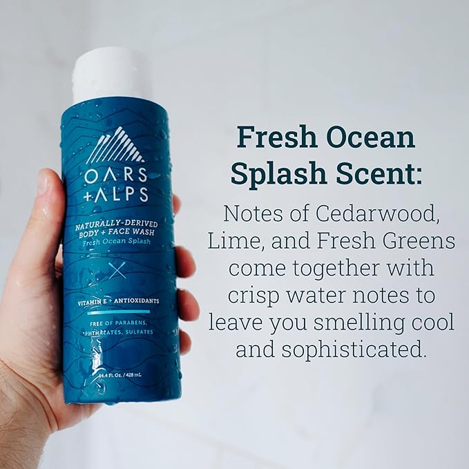 Oars + Alps Body Wash for Men, Mens Body Wash & Face Cleanser with Vitamin E & Antioxidants, Moisturizing, Paraben & Sulfate Free Cleanser, Fresh Ocean Splash, 1pk