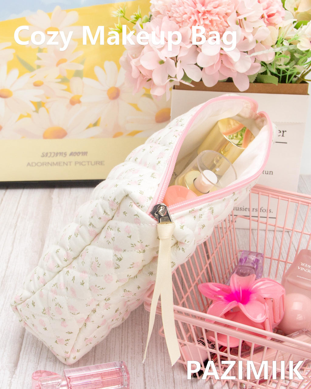 Quilted Makeup Pouch for Women, Travel Cosmetic&Toiletry Bag,Flower Pink