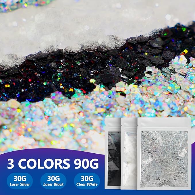 Dmsky Hexagonal Chunky Glitter,90g/3.18oz Craft Glitter for Crafts,Resin,Body,Nail,Face,Hair,DIY Decorations,3 Colors Non-Toxic Holographic Glitter,Silver Glitter,White Clear Glitter,Black Glitter