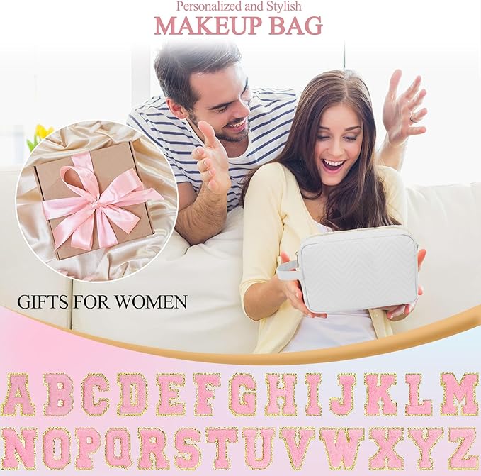 Personalized Initial Makeup Bag Trendy Stuff Leather Waterproof Cosmetic Bag Travel Toiletry Bag, Makeup Organizer Case Mother's Day/Birthday/Graduation Gifts for Women Girls Mom Girlfriend White.