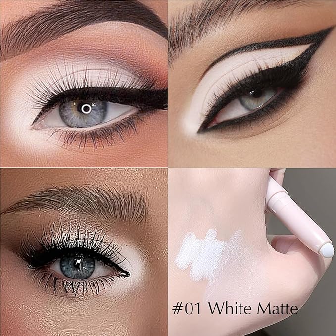 Wugbc White Eyeshadow Stick, Matte Cream Eyeshadow Long-Lasting Crease-Proof Eye Brightener Stick High Pigmented Shadow Highlighter Makeup Pencil Crayon with Blending Brush & Built-in Sharpener
