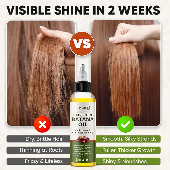 Klencare Batana Oil for Hair Growth, 100% Pure Raw Unrefined Cold Pressed Hair Oil from Honduras, Scalp Care Oil for Dry Frizzy Hair, 4 fl oz