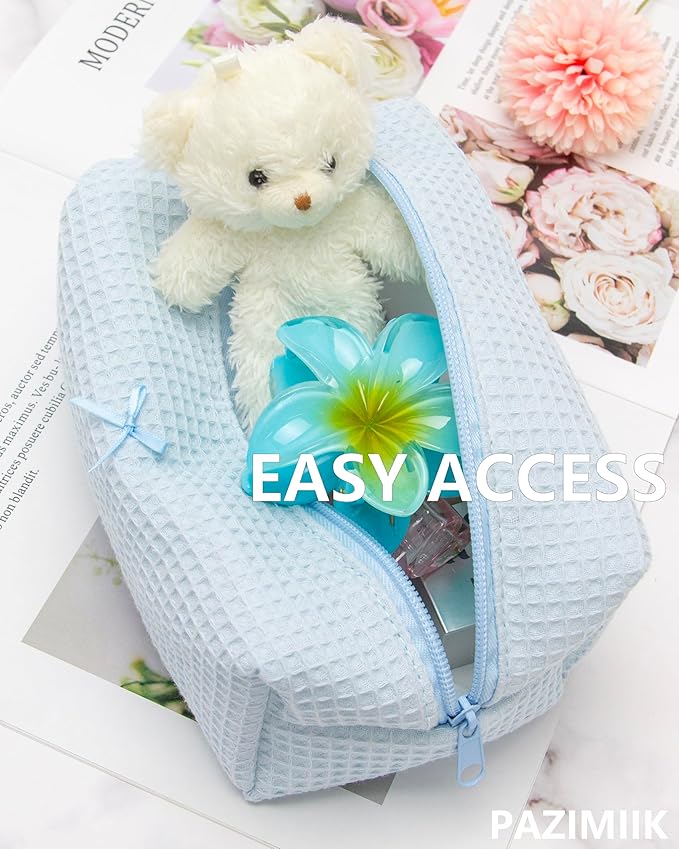 PAZIMIIK Cozy Makeup Bag for Women,Zipper Cosmetic Pouch,Waffle Blue