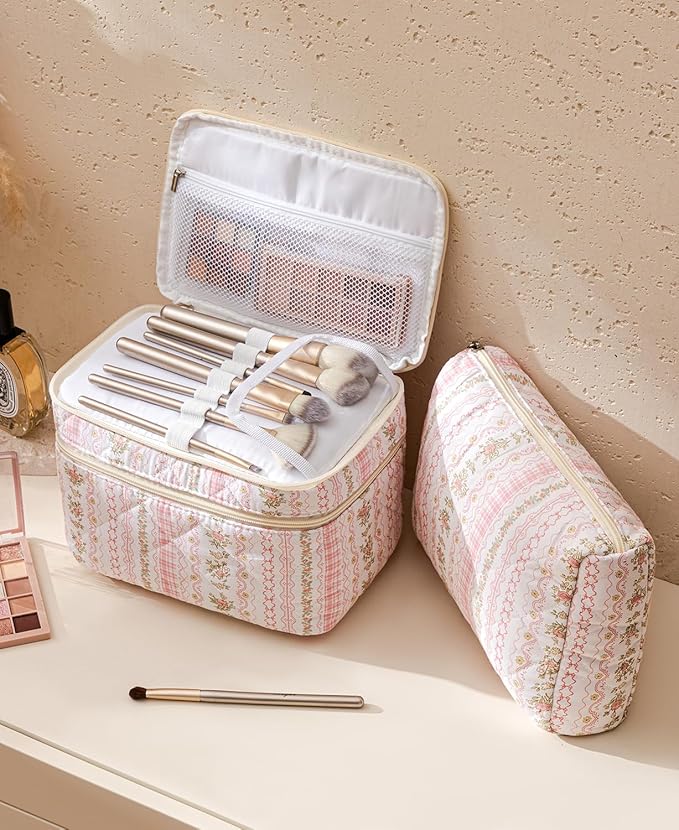 HBselect 2Pcs Travel Makeup Bag Large Quilted Cosmetic Bag Make up Bag