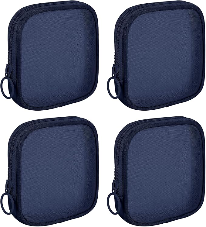 Sinzip 4 Pieces Mini Zipper Nylon Mesh Pouch, Mesh Cosmetic Bags Makeup Bags, Multipurpose Travel Toiletry Bags for Office Supplies and Travel Accessories (Navy Blue, S)