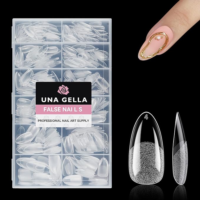 UNA GELLA Medium Almond Nail Tips, 312pcs Gel Nail Tips Almond Shape Pre Etched Full Cover Clear Fake Acrylic Pointed Press On Nails No C Curve for Nails Extension Art DIY Salon 12 Sizes