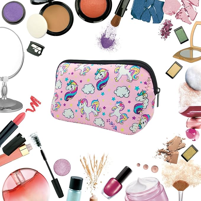 AJLTPA Waterproof Neoprene Cosmetic Bag, Pink Unicorn