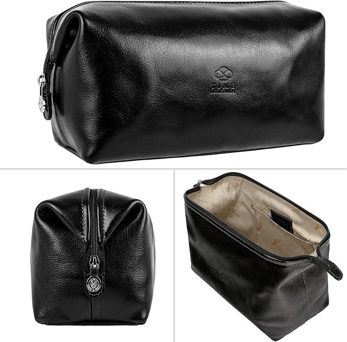 Time Resistance Leather Toiletry Bag - Italian Cosmetic Case Dopp Kit (Black)