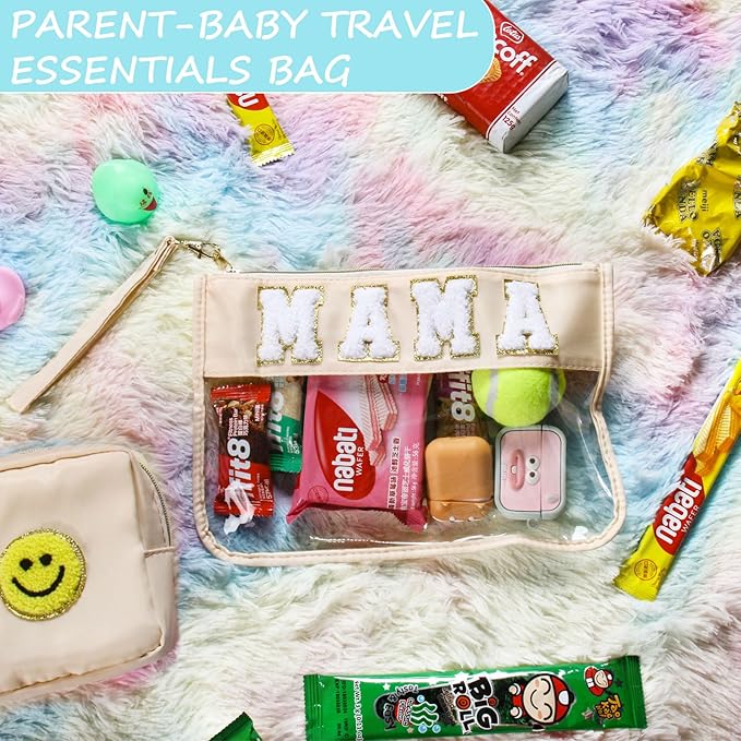 BuyCard 2 Pcs Preppy Patch Clear Mama Bag, Women Chenille Letter Makeup Cosmetic Bag for Travel, PVC Waterproof Organization Outdoor Zipper Pouch Toiletry Bag for Women Girl