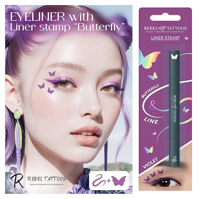 Rebel Tattoos 2-in-1 Eyeliner Stamp, Pigmented Intense Black Formula, Smudge-Budge Proof, Sweatproof, 24 Hour Stay Eyeliner Stamp (purple butterfy)